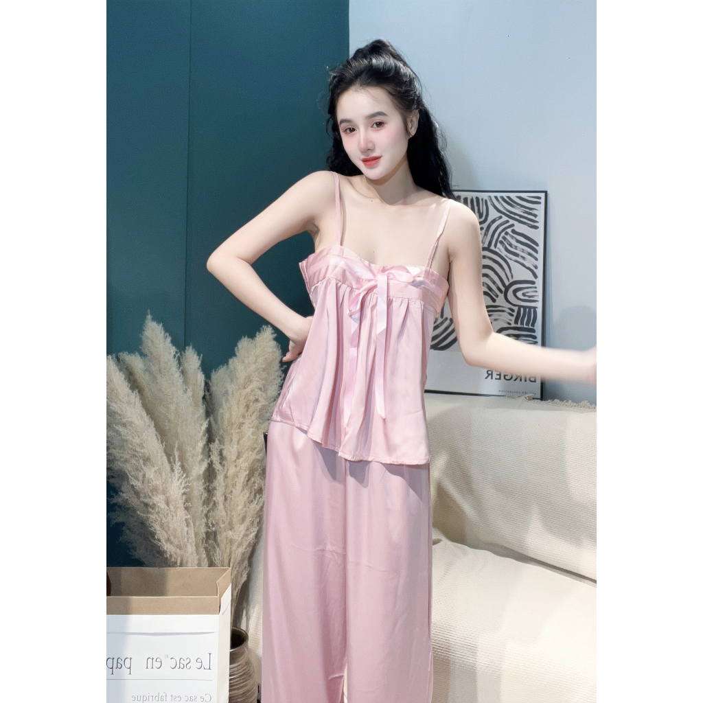 Đồ bộ hai dây cột nơ form suôn rộng lụa latin chất đẹp