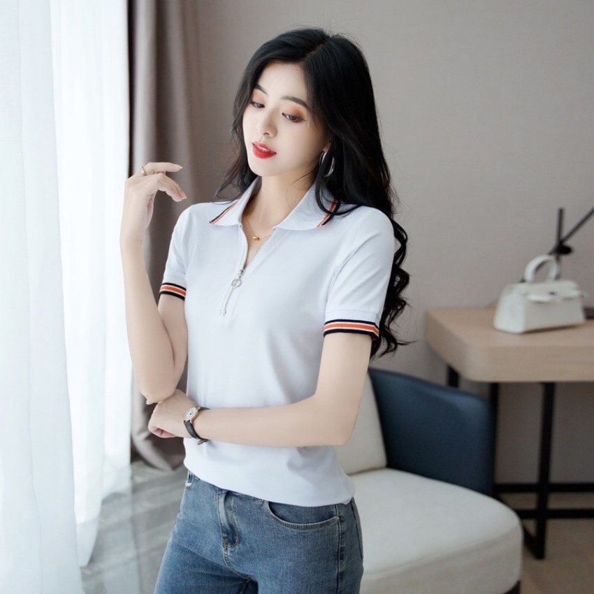Áo thun nữ có cổ ngắn tay phối sọc có khóa kéo Mã X882 Thời trang PONIVA BRANCH Phong cách nữ tính, trẻ trung chuẩn phong cách Hàn Quốc