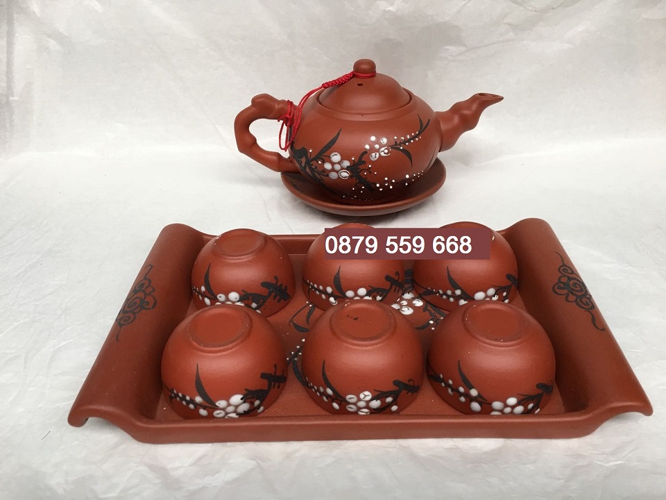 Bộ ấm chén tử sa hoa đào có khay đồng bộ, gốm Bát Tràng