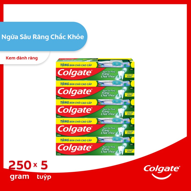 Bộ 5 kem đánh răng Colgate ngừa sâu răng răng chắc khỏe 250g/tuýp tặng bàn chải đánh răng lông tơ nhập khẩu Thái Lan