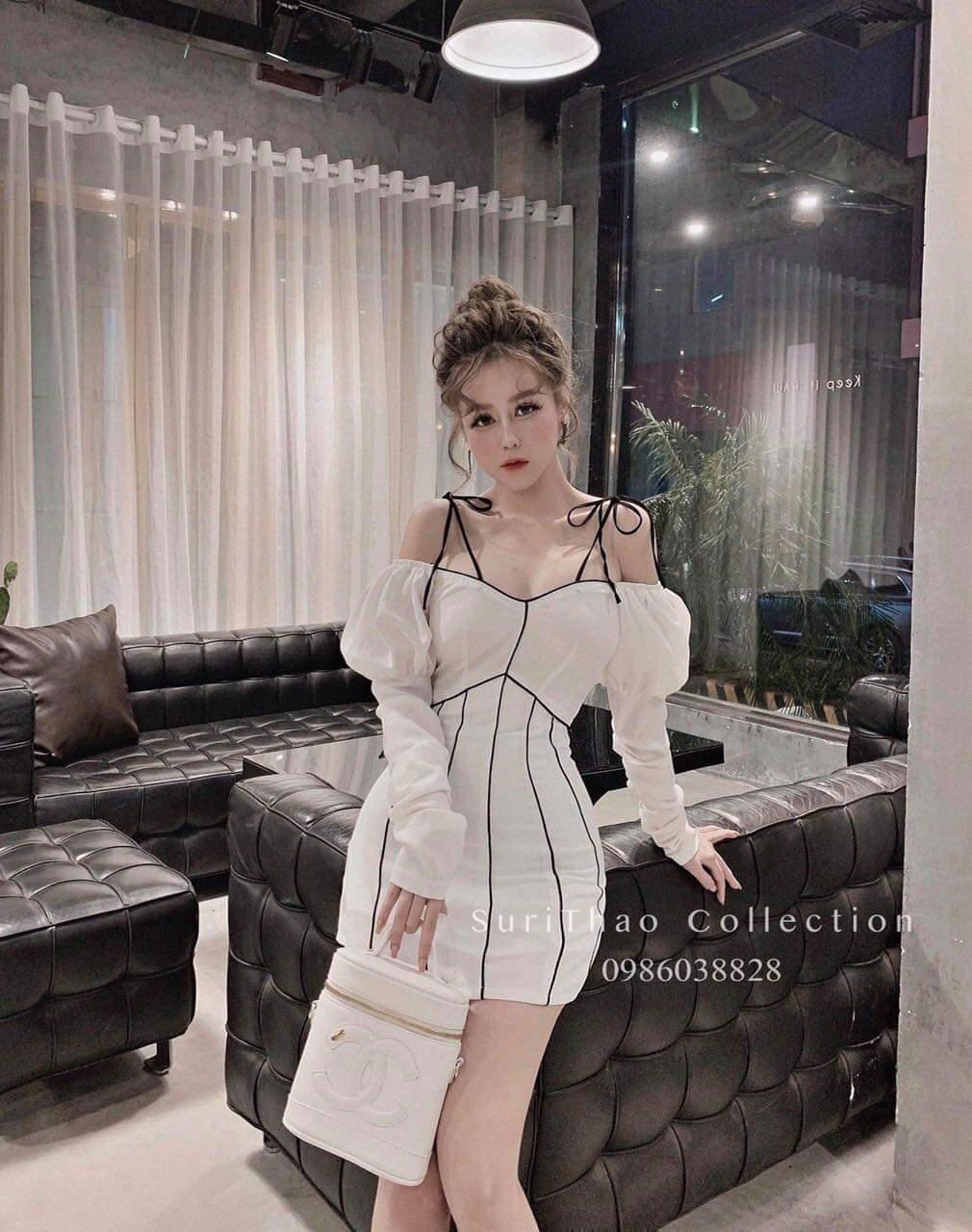 Đầm body trễ vai viền tay phồng