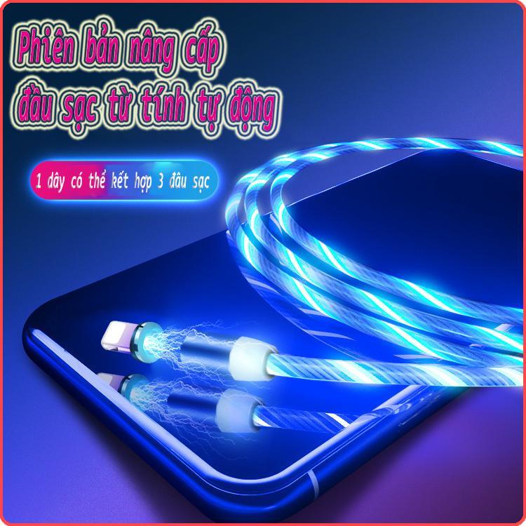 Dây sạc nam châm tròn từ hít 360 độ Androi, cáp sạc iphone, cáp sạc đèn LED đầu từ tính hít nam châm 360 cổng tròn dây phát sáng LED siêu đẹp dành cho điện thoại Samsung,Iphone, xiaomi...