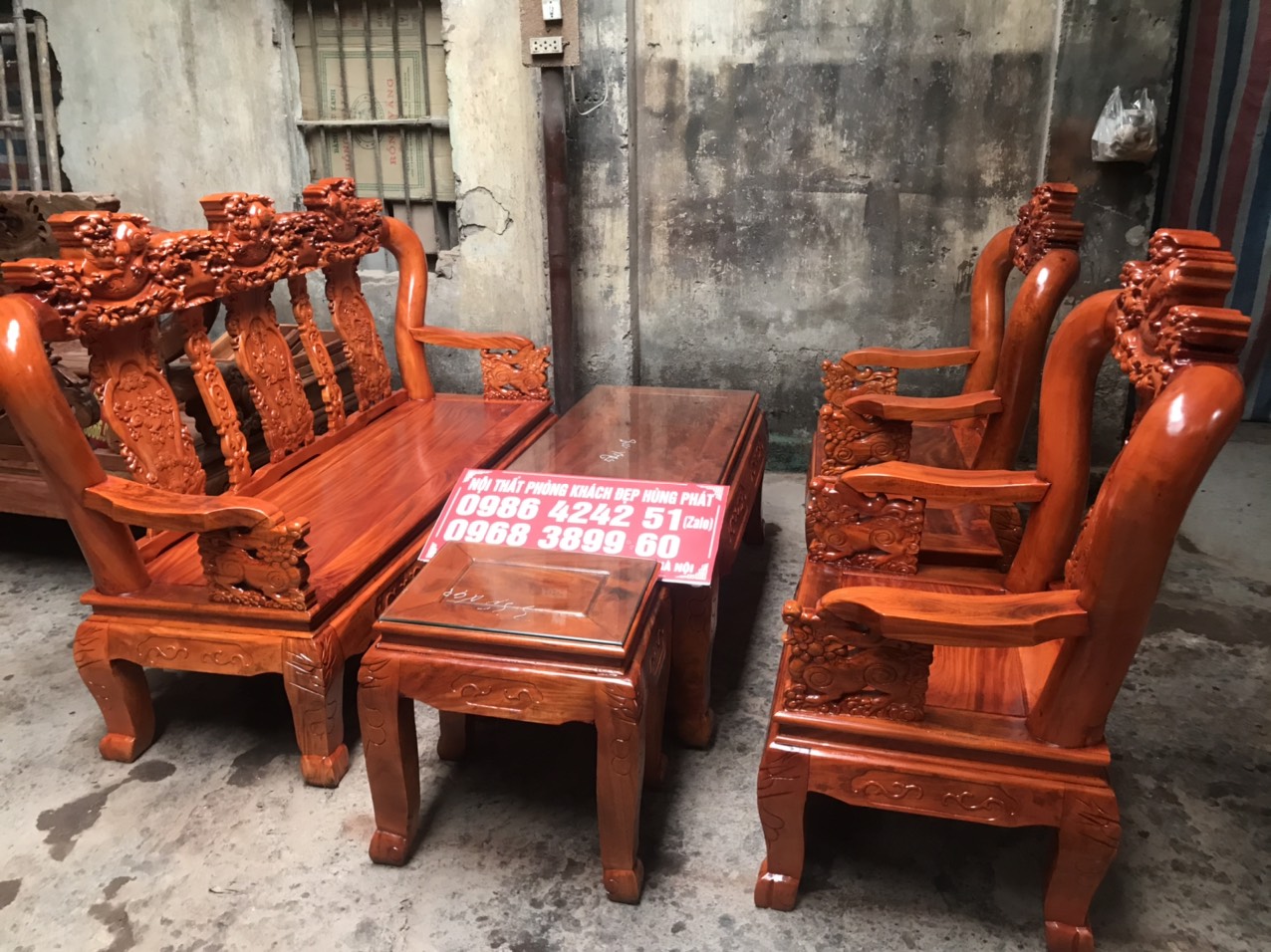 Bộ bàn ghế Nghê 3 Đầu gỗ xà cừ