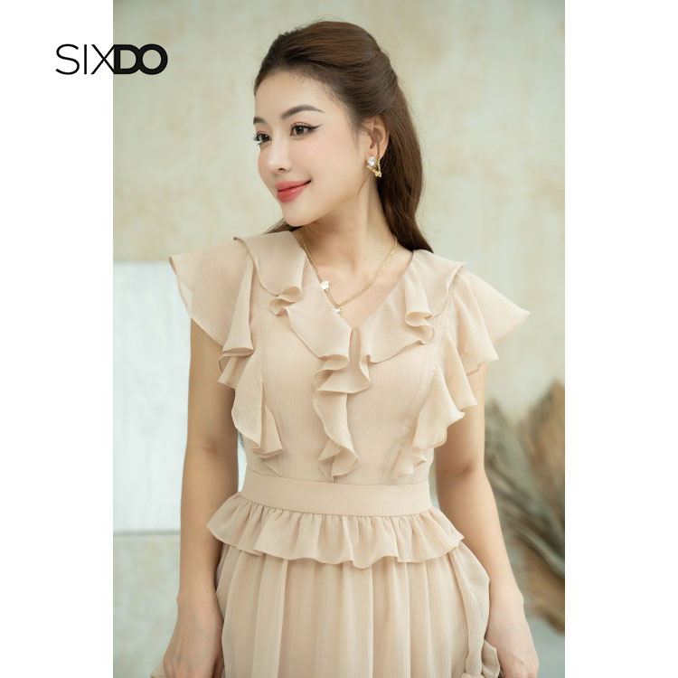 Đầm midi voan cổ V bèo tay hến SIXDO (Dark Beige Midi Voile Dress)