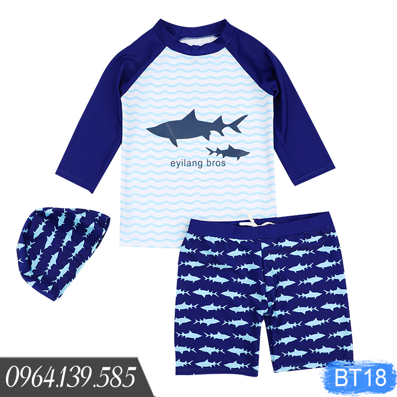 Bộ đồ bơi bé trai dài tay cá mập, vải bơi co giãn 4 chiều, có mũ bơi BT18