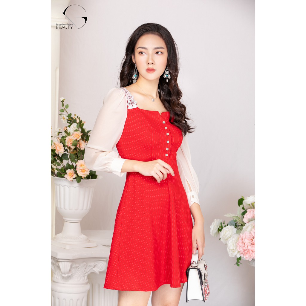 G beauty váy xòe phối tay be đỏ
