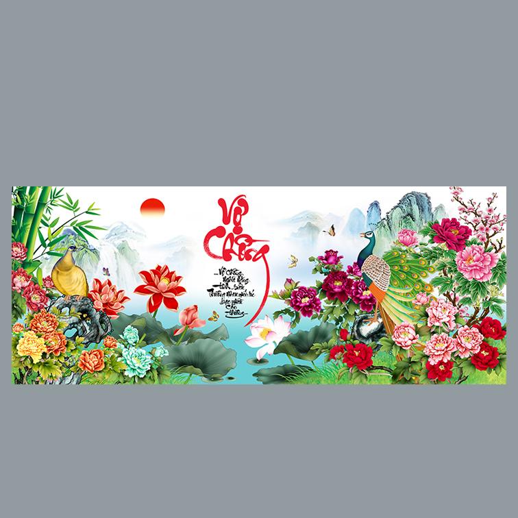 Tranh dán tường VTC Chim công thư pháp Vợ Chồng UD0238 Kim sa