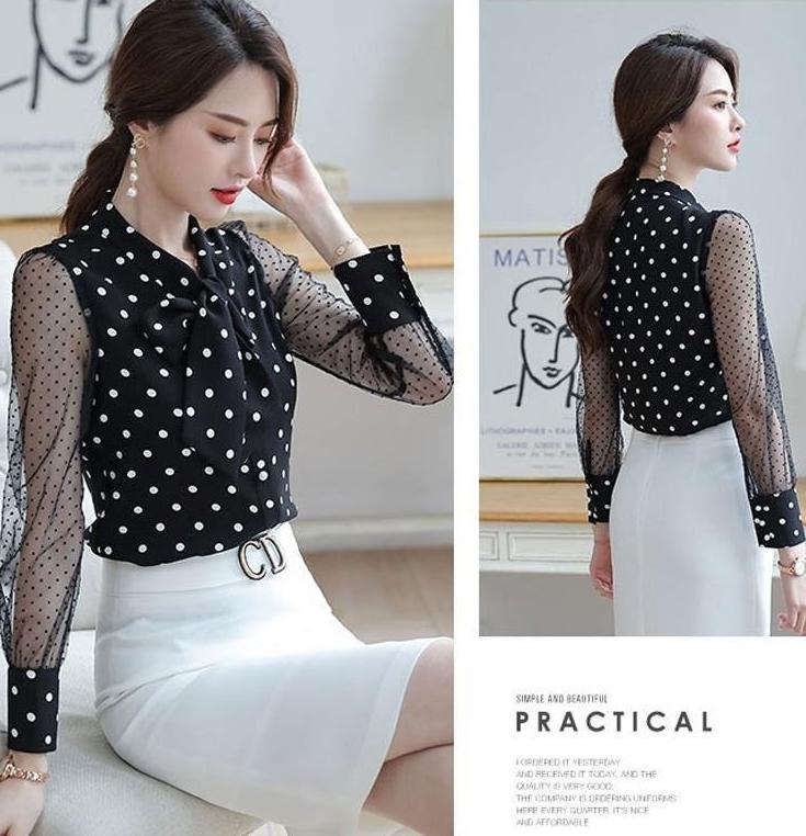 ÁO SƠ MI NỮ CHẤM BI TAY PHỐI LƯỚI CAO CẤP