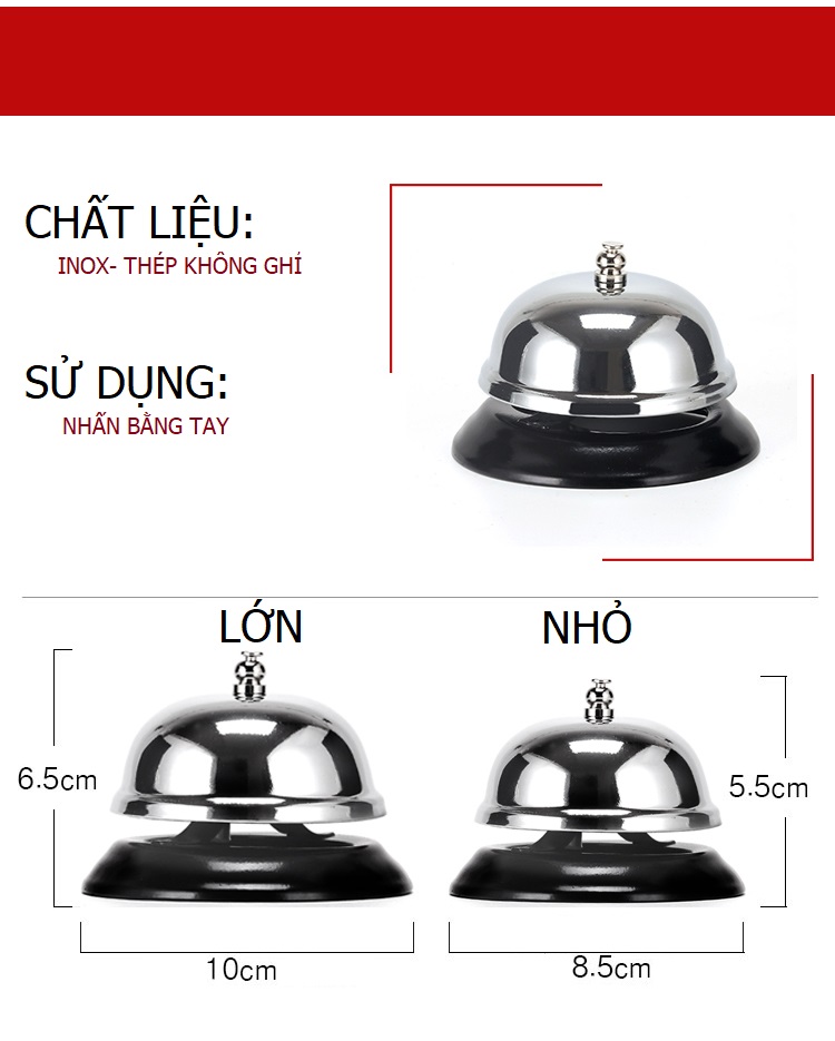 Chuông bấm inox để bàn loại lớn - dùng cho nhà hàng, khách sạn, quán ăn, quán cà phê