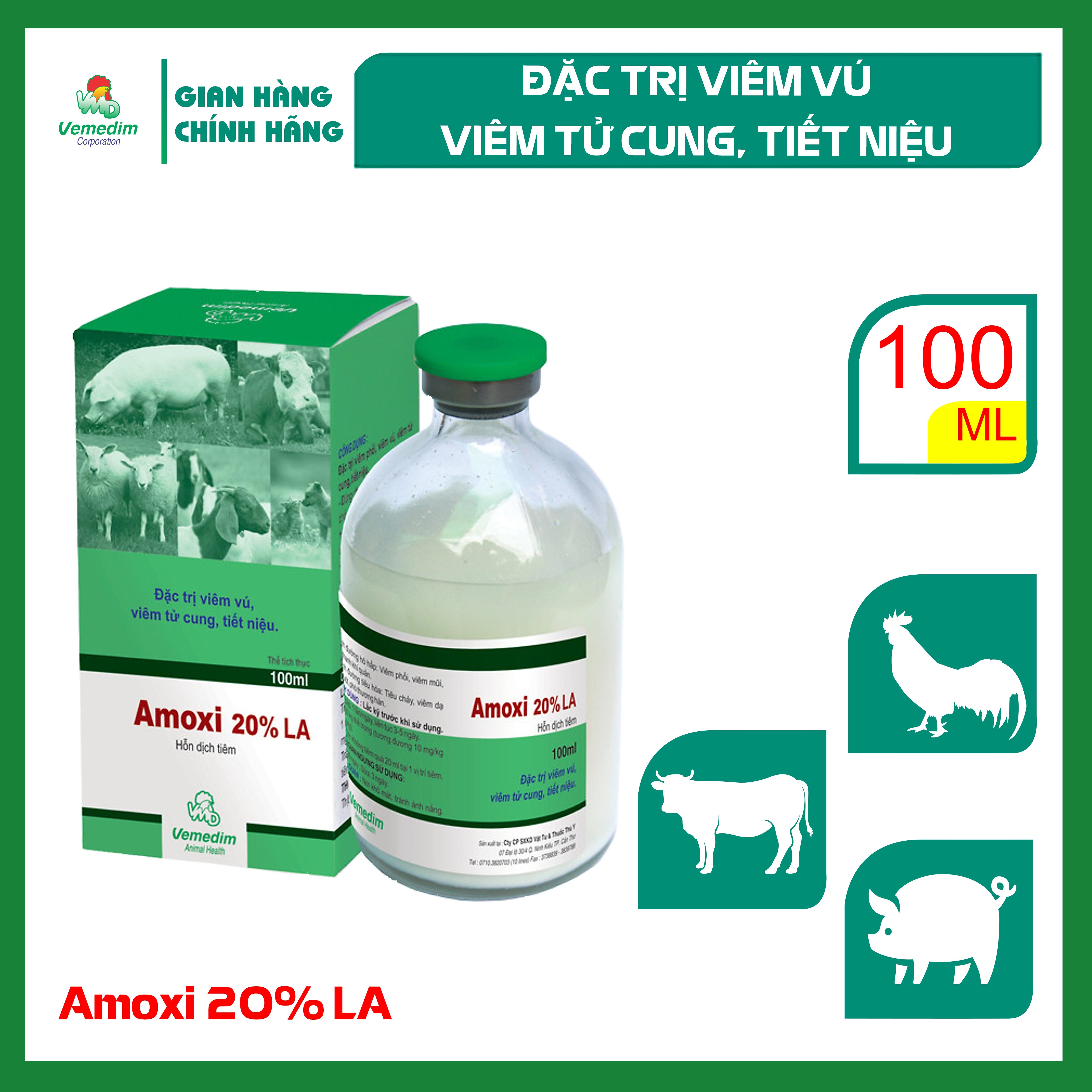 "Hoàn tiền đến 10%" Vemedim Amoxi 20% LA chữa viêm phổi, viêm vú cho chó mèo và gia súc, tác động kéo dài 48h, an toàn cho gia súc mang thai.