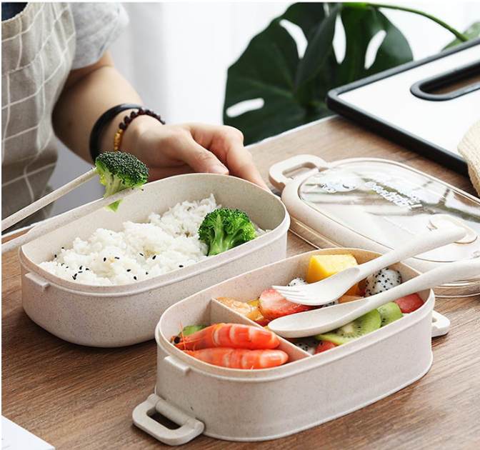 Bộ hộp cơm 2 tầng lua mạch kèm bộ muống đũa nĩa  -  hộp cơm trưa nhân viên văn phòng - Hộp Cơm Giữ Nhiệt 2 Tầng Chất Liệu Nhựa PP Lúa Mạch - CÀ MEN 2 TẦNG GIỮ NHIỆT TỐT- hộp đựng thức ăn -hop com trua -com van phong