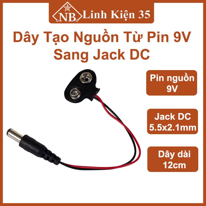 Dây đế pin 9v có đầu jack nối ra dc 5.5x2.1mm