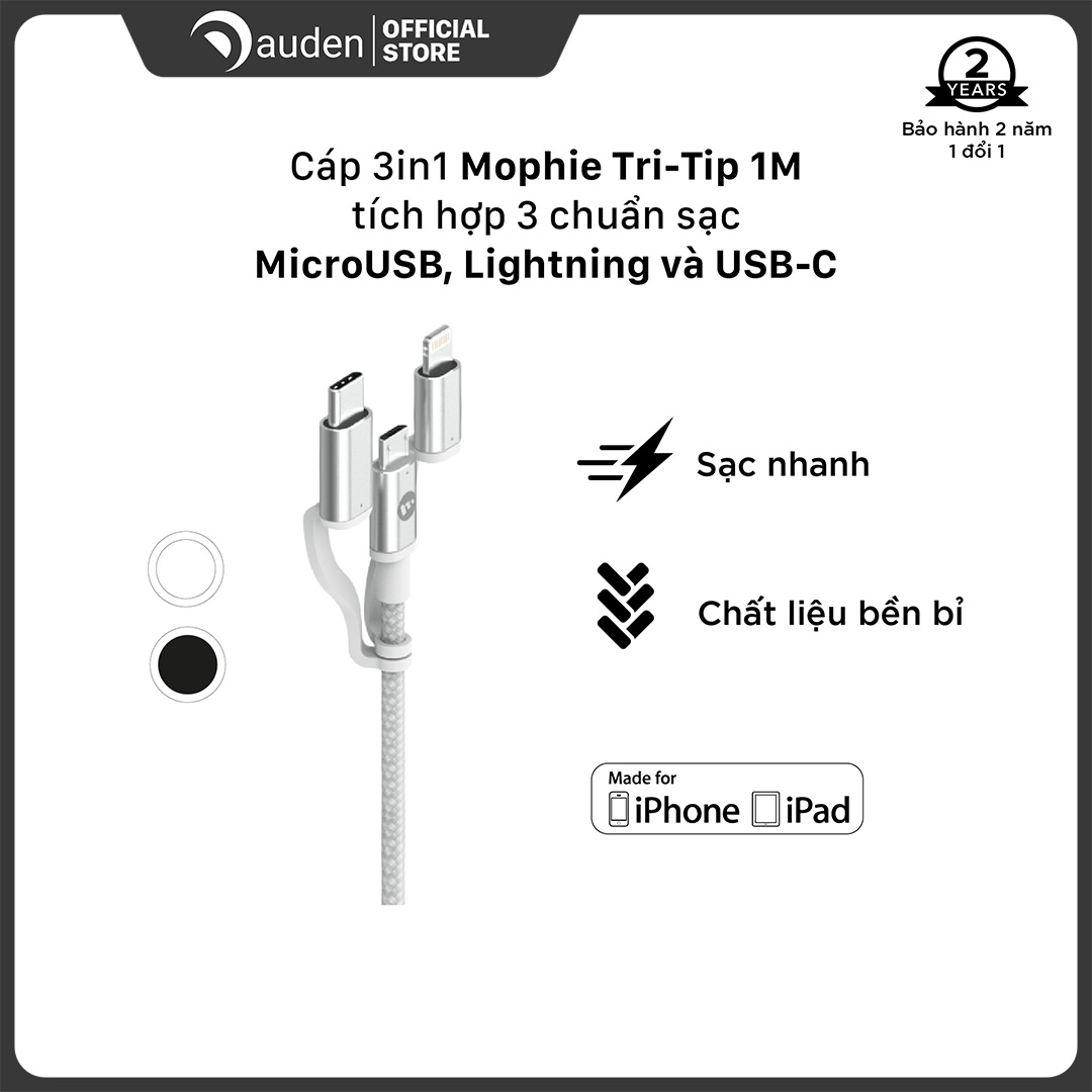 Cáp 3in1 Lightning/USB-C/Micro Mophie Tri-Trip 1M - Dâu Đen Store