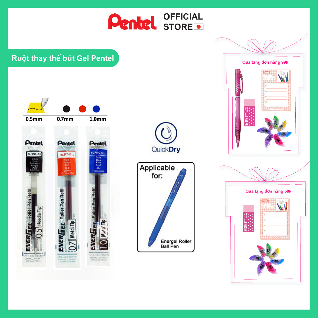 Ruột Bút Bi Nước Pentel Enegel LRN5 / LR7 / LR10 | 3 Cỡ Ngòi 3 Màu Mực Xanh/ Đen/ Đỏ| Thay Thế Các Dòng Bút Gel Pentel |