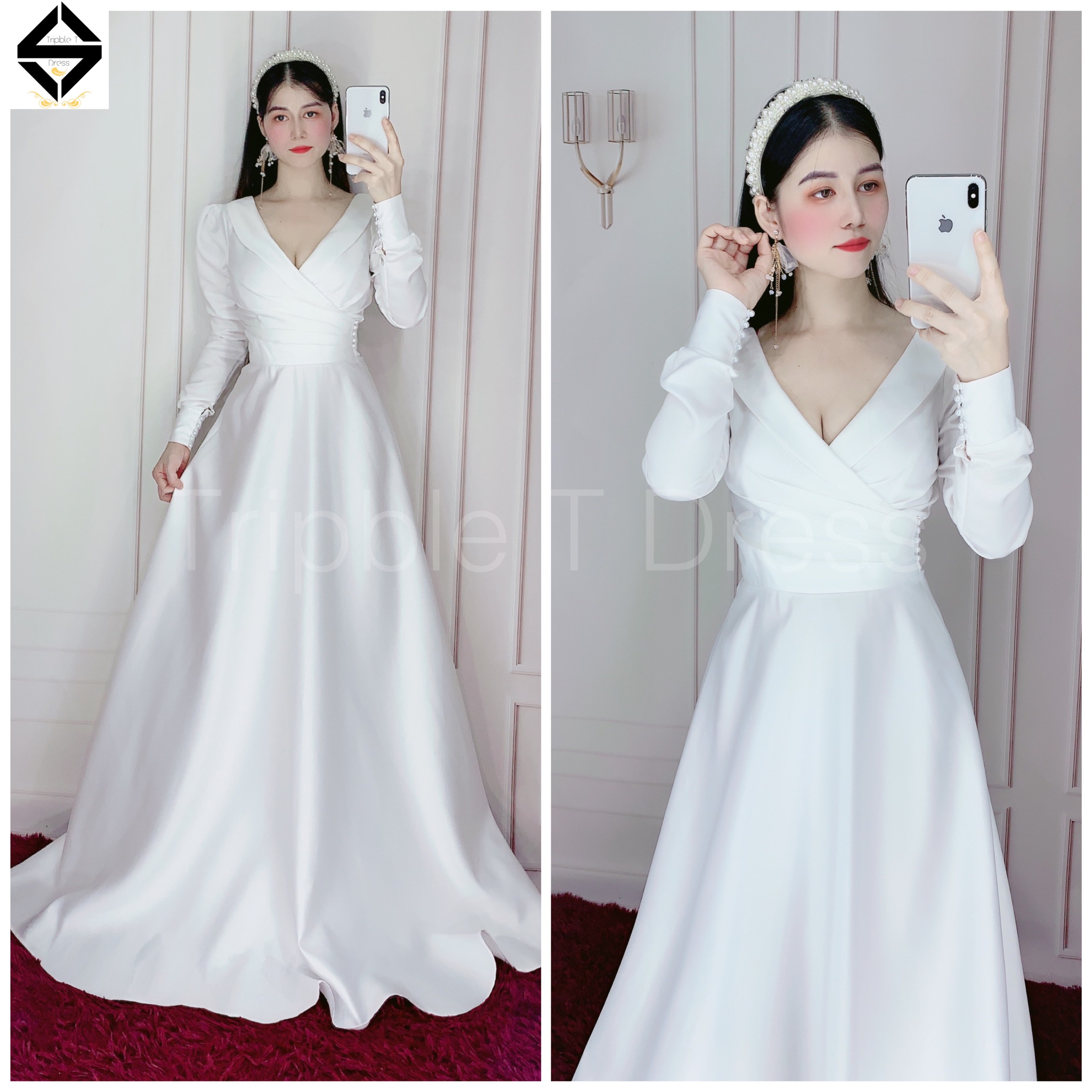 Đầm maxi mặc cưới tay dài hở lưng dây cườm tripble t dress -size s/m/l - ms160y