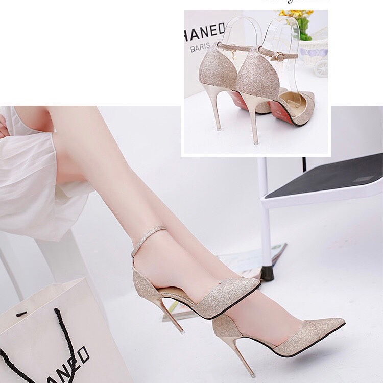 Giày cao gót nhọn 8p bít mũi xếp da nhủ kim tuyến sang trọng lấp lánh - BM05 kèm ảnh thật