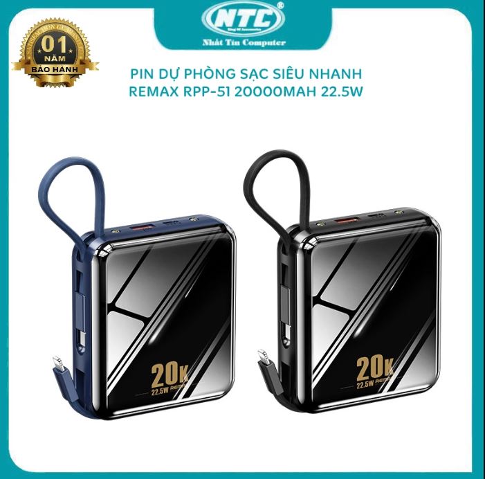 Pin sạc dự phòng 20.000mAh (22.5v) Remax RPP-51, kèm cáp sạc sạc siêu ...
