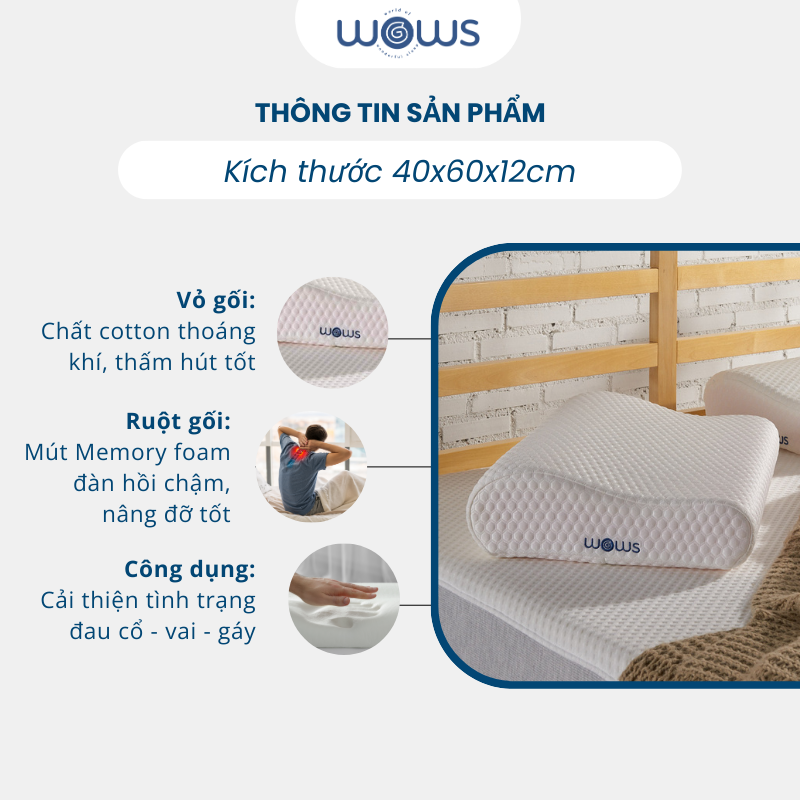WOWS - Gối Memory Foam Cao Cấp Ergo+ - Gối Công Thái Học Nâng Đỡ Cổ Vai Gáy - Thiết Kế Lượn Sóng