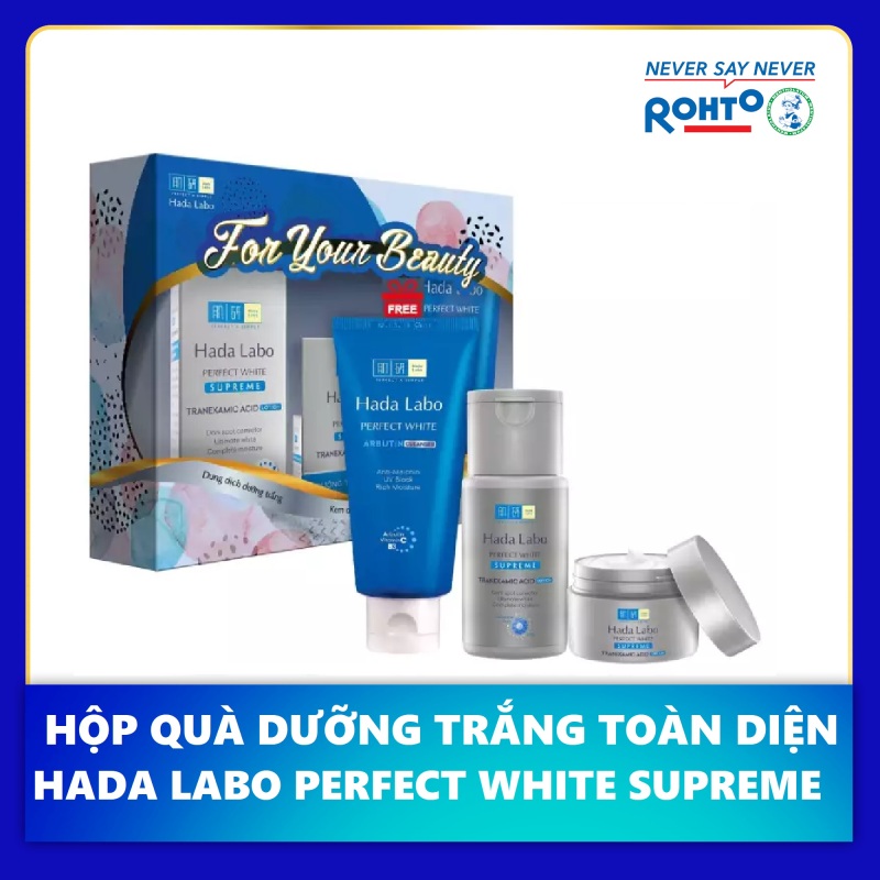 Bộ 3 bước dưỡng trắng toàn diện Hada Labo Perfect White Supreme (Dung dịch 100ml + Kem dưỡng 50g) + Tặng Sữa rửa mặt Hada Labo Perfect White Cleanser 80g giá rẻ