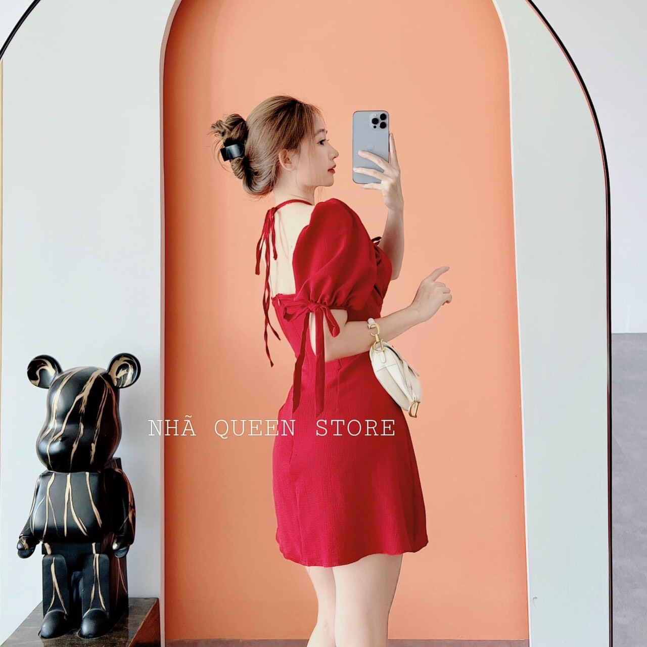 Váy đầm nữ cổ yếm tay cột nơ dẻ thương