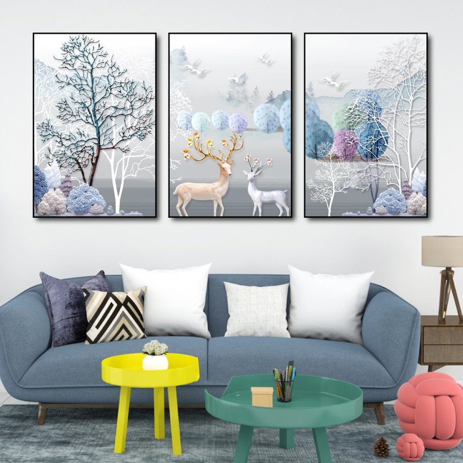 Tranh canvas giá xưởng Bộ tranh treo tường Hươu Rừng nghệ thuật Bắc âu trang trí decor phòng khách phòng ngủ tranh treo tường 3d phòng khách đẹp