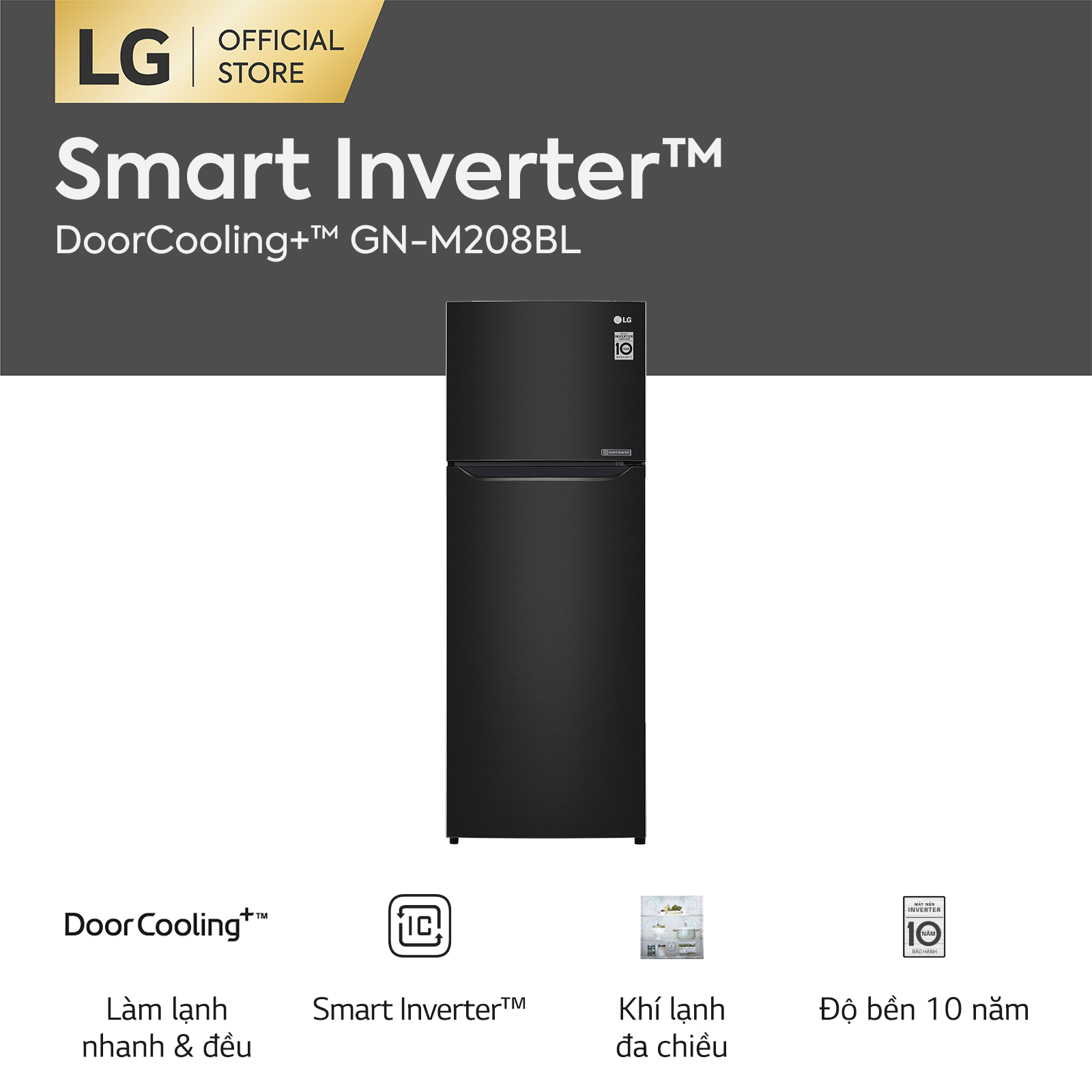 [Trả góp 0%][FREESHIP 500K TOÀN QUỐC] Tủ lạnh LG Smart Inverter ngăn đá trên với DoorCooling+™ GN-M208BL 225L (Đen) 555 x 152 x 585(cm) - Hãng phân phối chính thức
