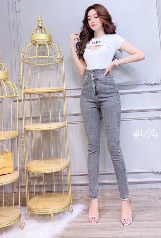 Quần jean nữ lưng siêu cao PHỐI 3 CÚC TRƯỚC có CÓ SIZE ĐẠI  (jean giãn tốt size 26 tới 30) s 185 -t21