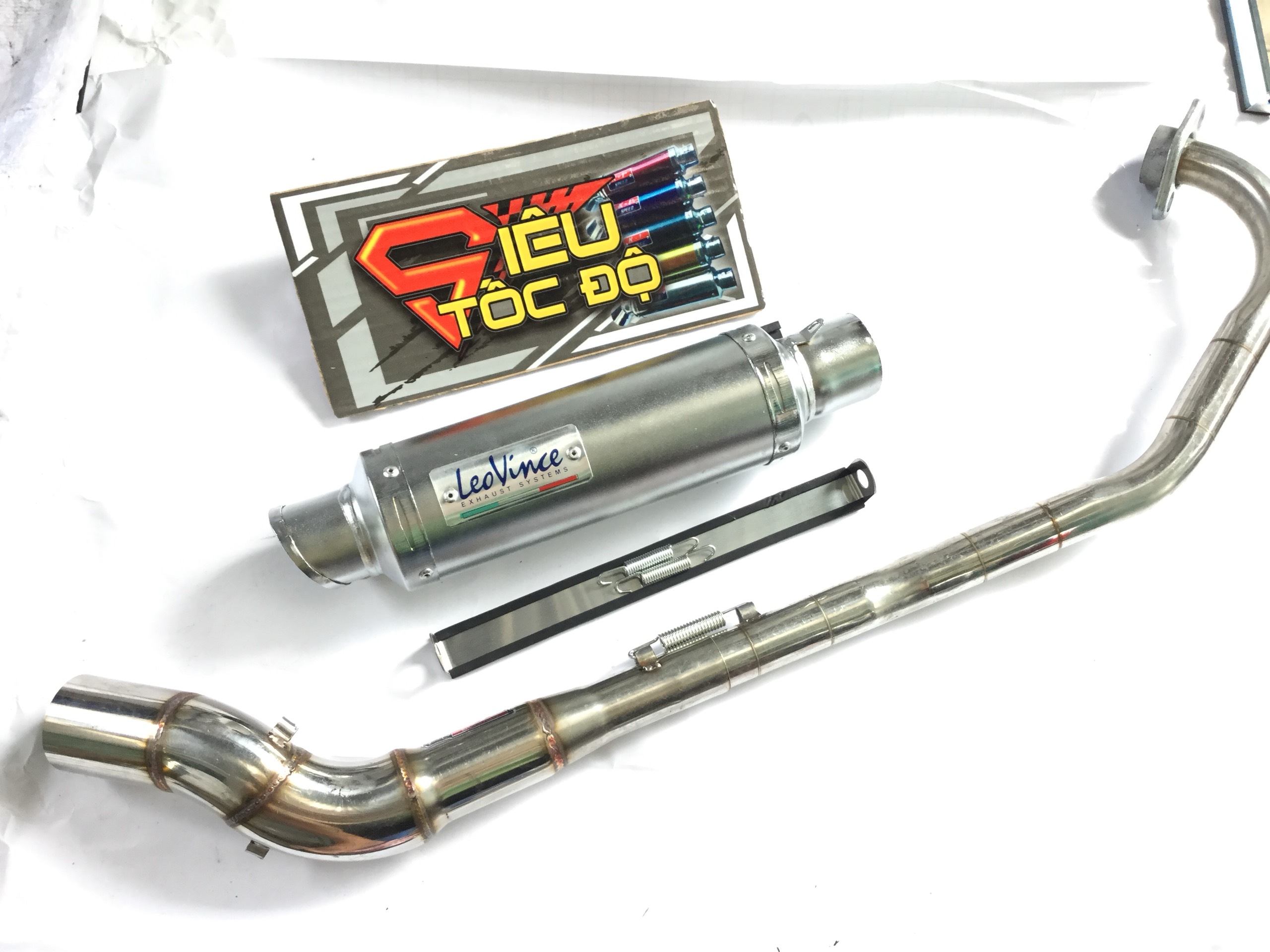 Pô leovince trắng full pass treo lò xo bao gồm cả cổ pô độ cong 2 khúc cho xe exciter 135.........