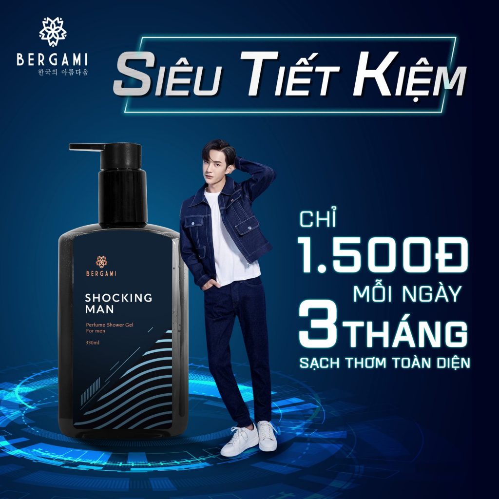 Sữa tắm nước hoa Nam 3 tầng hương DIỆT KHUẨN 24/24 Bergami Shocking Man 330ml