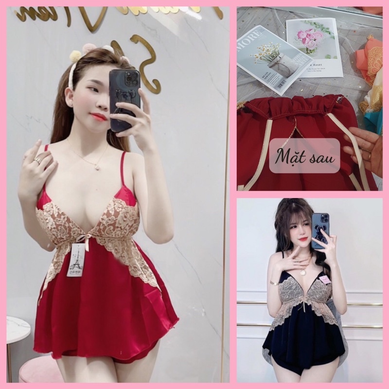 Đồ Ngủ Sexy, Bộ Ngủ Voan Lụa 2 Dây Có Mút