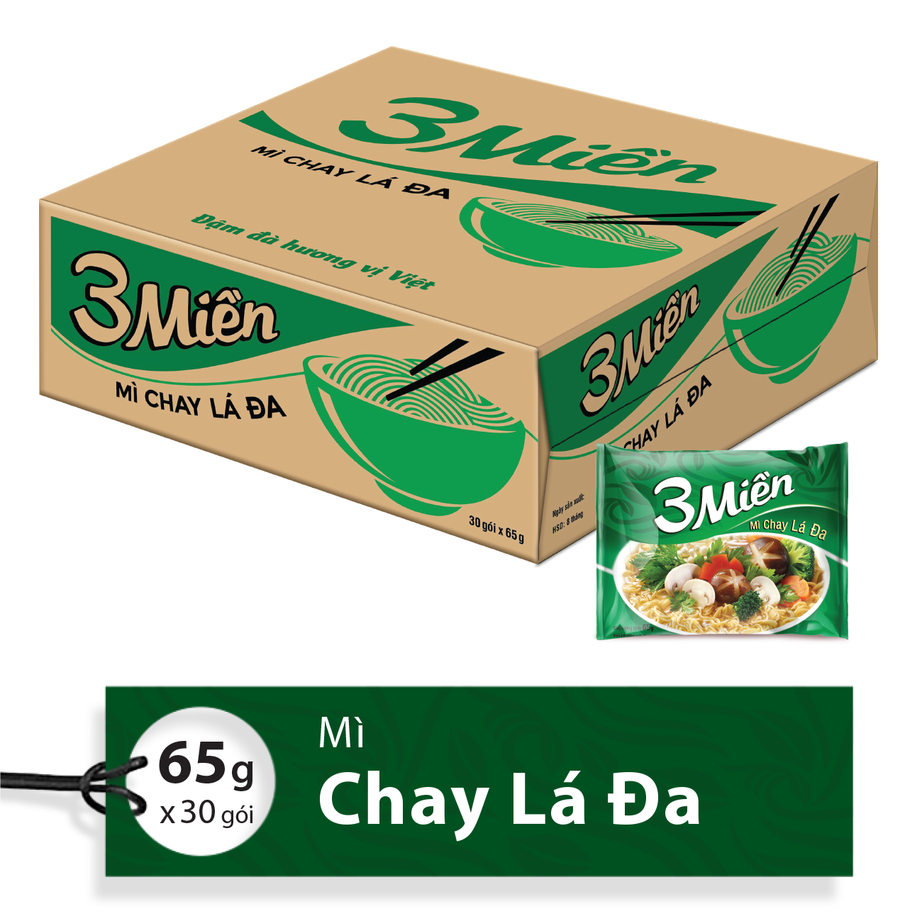 Thùng Mì Gói 3 Miền Chay Lá Đa 65g (30 gói x 65g)