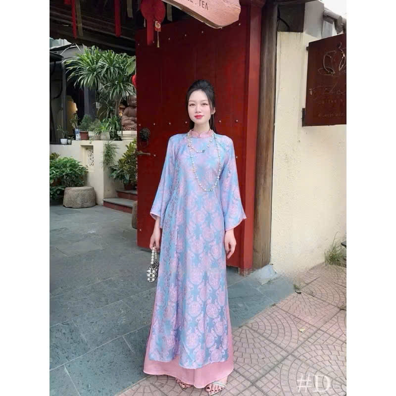 Áo dài cách tân gấm tơ mềm phối màu cổ tay dáng suông