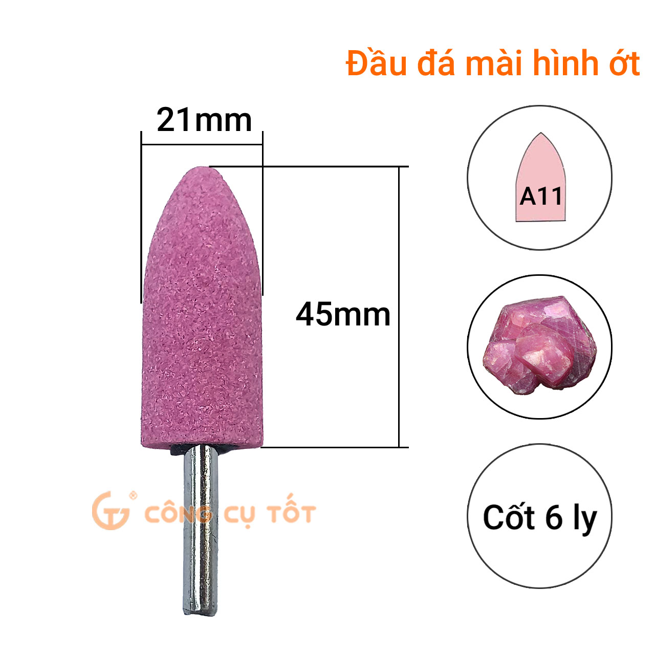Mũi đá mài lốp hình ớt cốt 6 ly