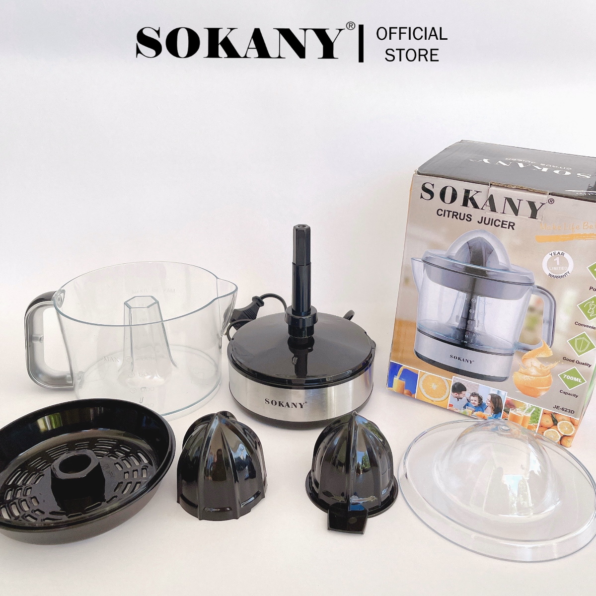 Máy vắt cam, máy ép cam SOKANY JE-623D 700ml, máy ép trái cây kiểu dáng sang trọng tinh tế, Bảo hành 1 đổi 1 nếu do lỗi của nhà sản xuất