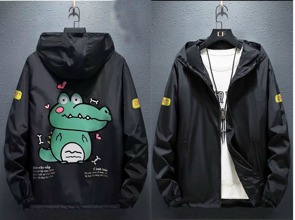 Áo Khoác Dù Nam Nữ Phối Nón Rộng in Hoạt Hình Cá Sấu Đáng Yêu, Mẫu Mới .DT