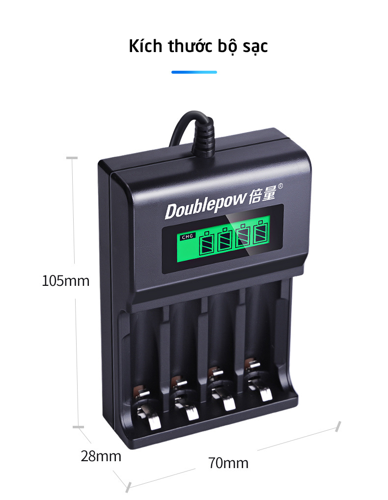 Sạc pin Doublepow UK93B sạc pin AA AAA tự ngắt khi đầy có màn hình hiển thị thông minh