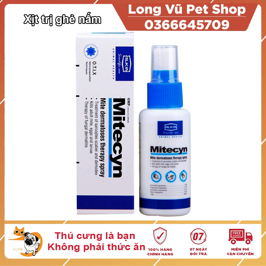 Alkin Mitecyn 50ml Xịt tri ghẻ, ngứa, nấm, viêm da, các bệnh ngoài da cho chó mèo, thú cưng
