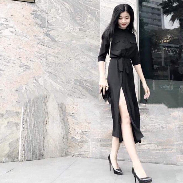 Đầm đen dài nút bọc