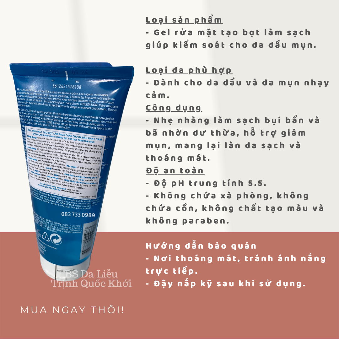 Gel Rửa Mặt LAROCHE POSAY Effaclar Purifying Foaming 200ml tạo bọt làm sạch & giảm nhờn cho da dầu nhạy cảm