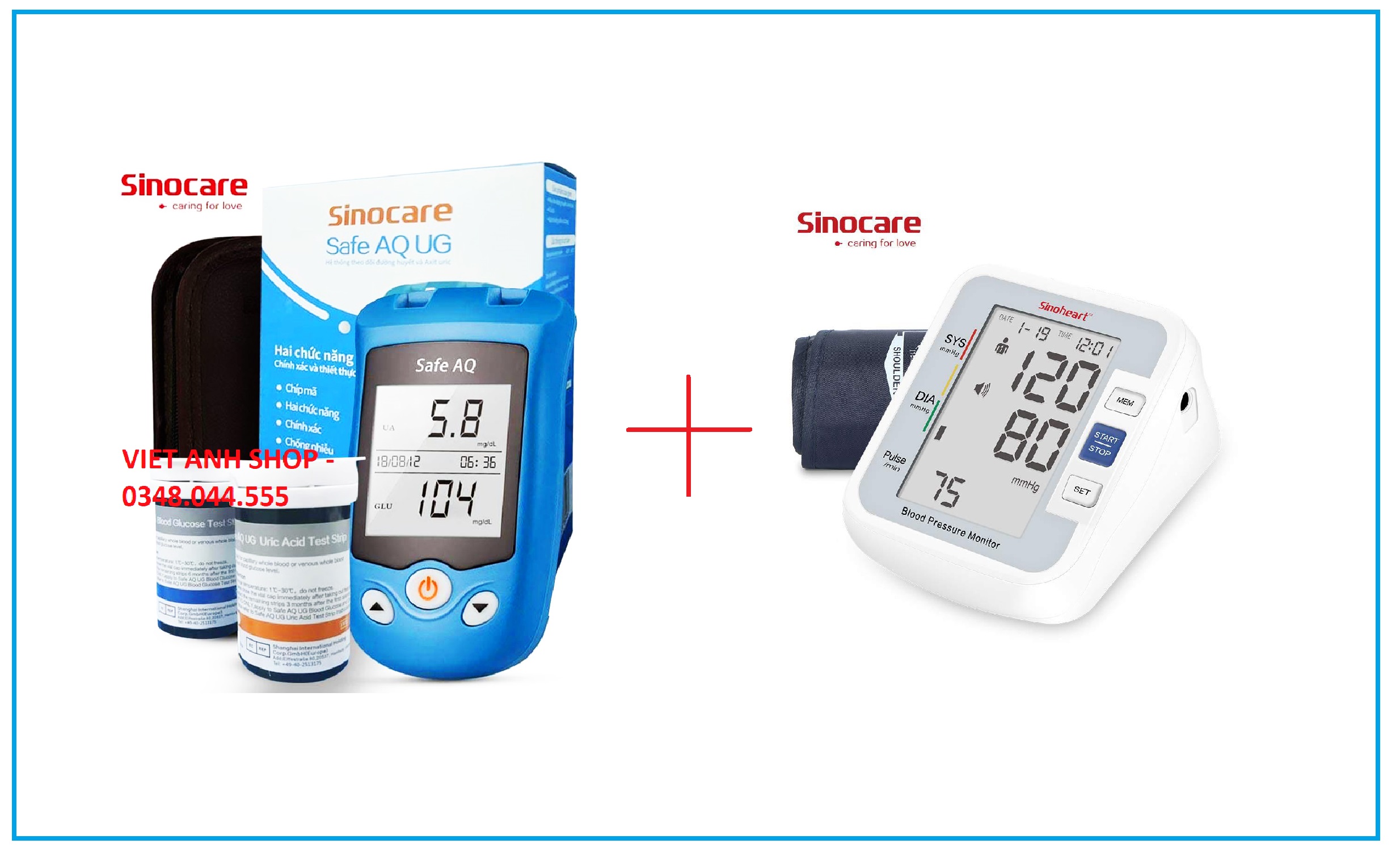 Máy đo đường huyết, Axit Uric 2 trong 1 Sinocare Safe AQ UG + Tặng máy đo