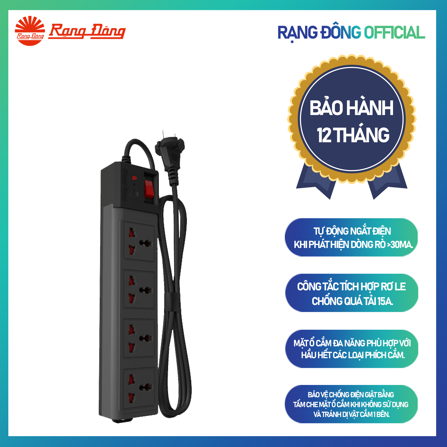 Ổ cắm đa năng 3m 5m chính hãng Rạng Đông OC04 4C/10A, cơ chế chống giật, đảm bảo an toàn khi sử dụng