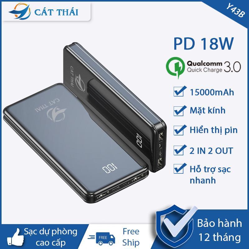 Giá Pin sạc dự phòng Y43B dung lượng 15000mAh mặt kính hiện đại có hiển thị lượng pin 2 Cổng USB 2 cổng Input Type-C và Micro nhỏ gọn siêu mỏng thích hợp cho các bạn xài Android