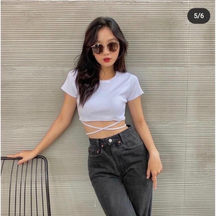 Áo Thun Croptop Phối Dây Cột Eo