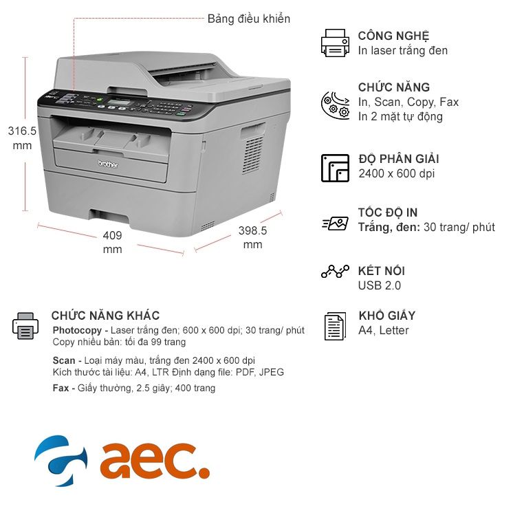 [Trả góp 0%]Máy in laser đen trắng Brother MFC-L2701D (Print/ Scan/ Copy/ Fax)