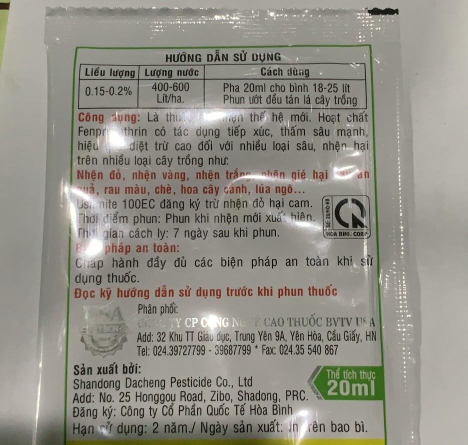 Sản phẩm vua diệt nhện đỏ , trắng gói 20ml pha 25 lít