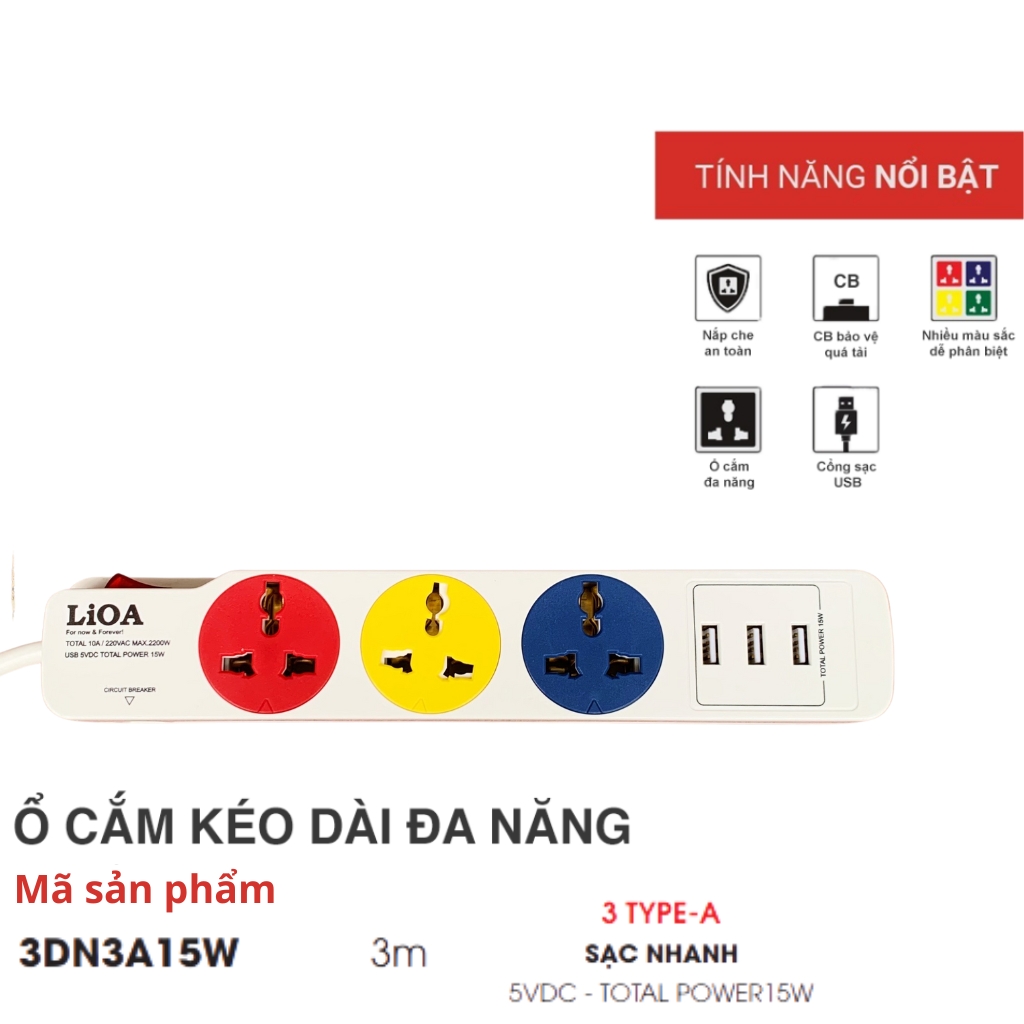 Ổ cắm điện lioa đa năng kèm cổng sạc usb new - 3 lỗ dây dài 3m công suất 2200w kèm usb type c có sạc nhanh - mita