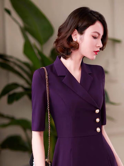 ĐẦM XOÈ CỔ VEST NÚT ĐÁ