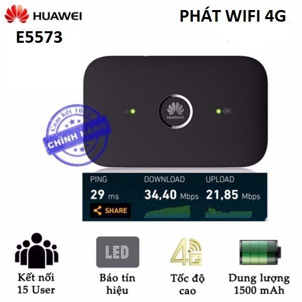 Bộ phát wifi 3G 4G HUAWEI E5573 DI ĐỘNG, CẦM TAY, PIN TRÂU ,SÓNG CỰC KHỎE  - Tặng Kèm Siêu Sim Viettel 4G V120 có ngay 60Gb/tháng từ MƯỜNG THANH ROYAL