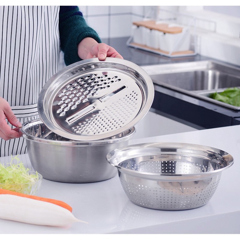 Bộ Rổ Inox Kèm Nạo Rau Củ 3 Chi Tiết-Bộ rổ chậu kèm nạo đa năng tiện lợi-bộ rổ inox kèm nạo rau củ tiện dụng