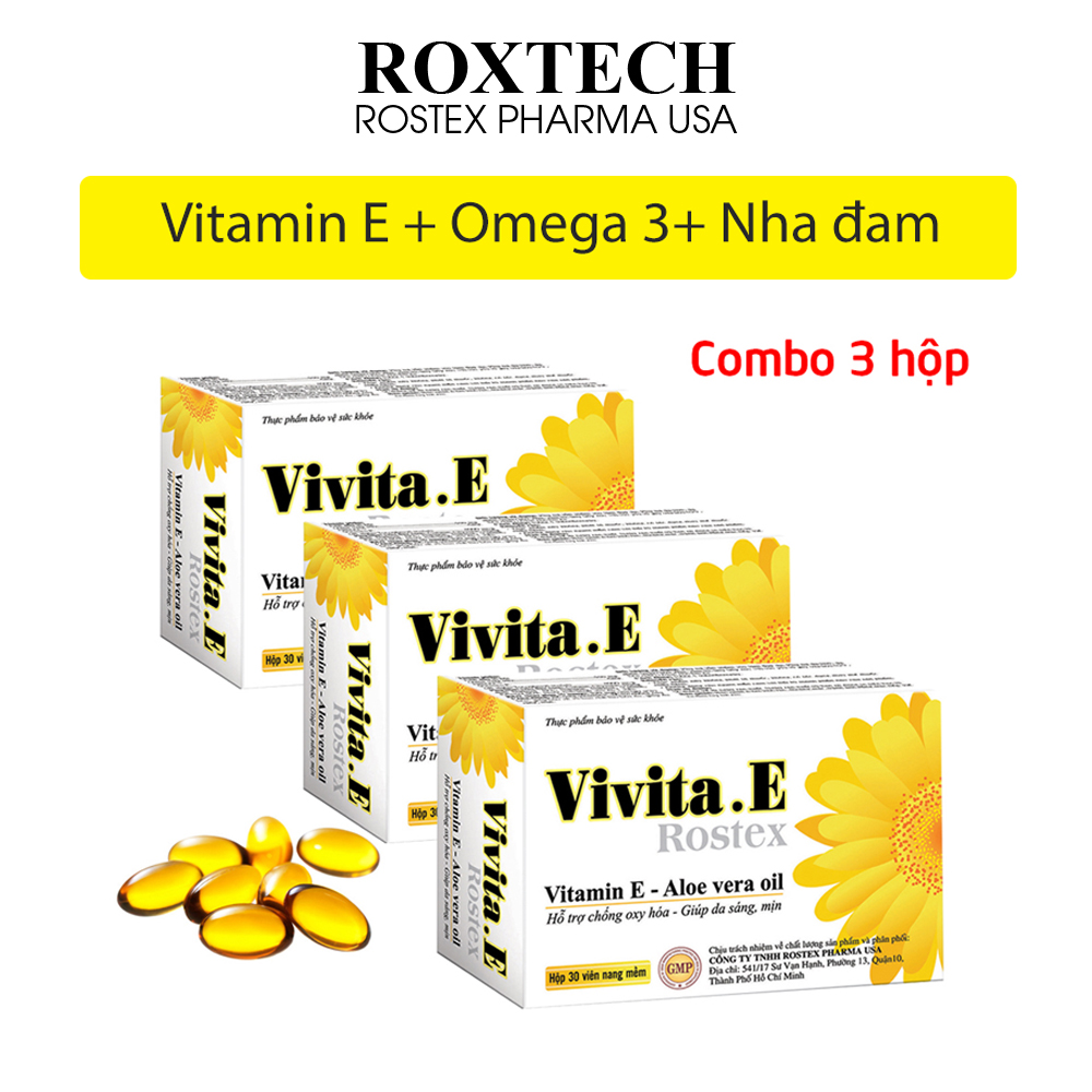 Combo 3 hộp Viên uống đẹp da Vivita E Rostex bổ sung Vitamin E, Omega 3, tinh dầu lô hội giúp da sáng mịn, chống lão hóa - 30 viên